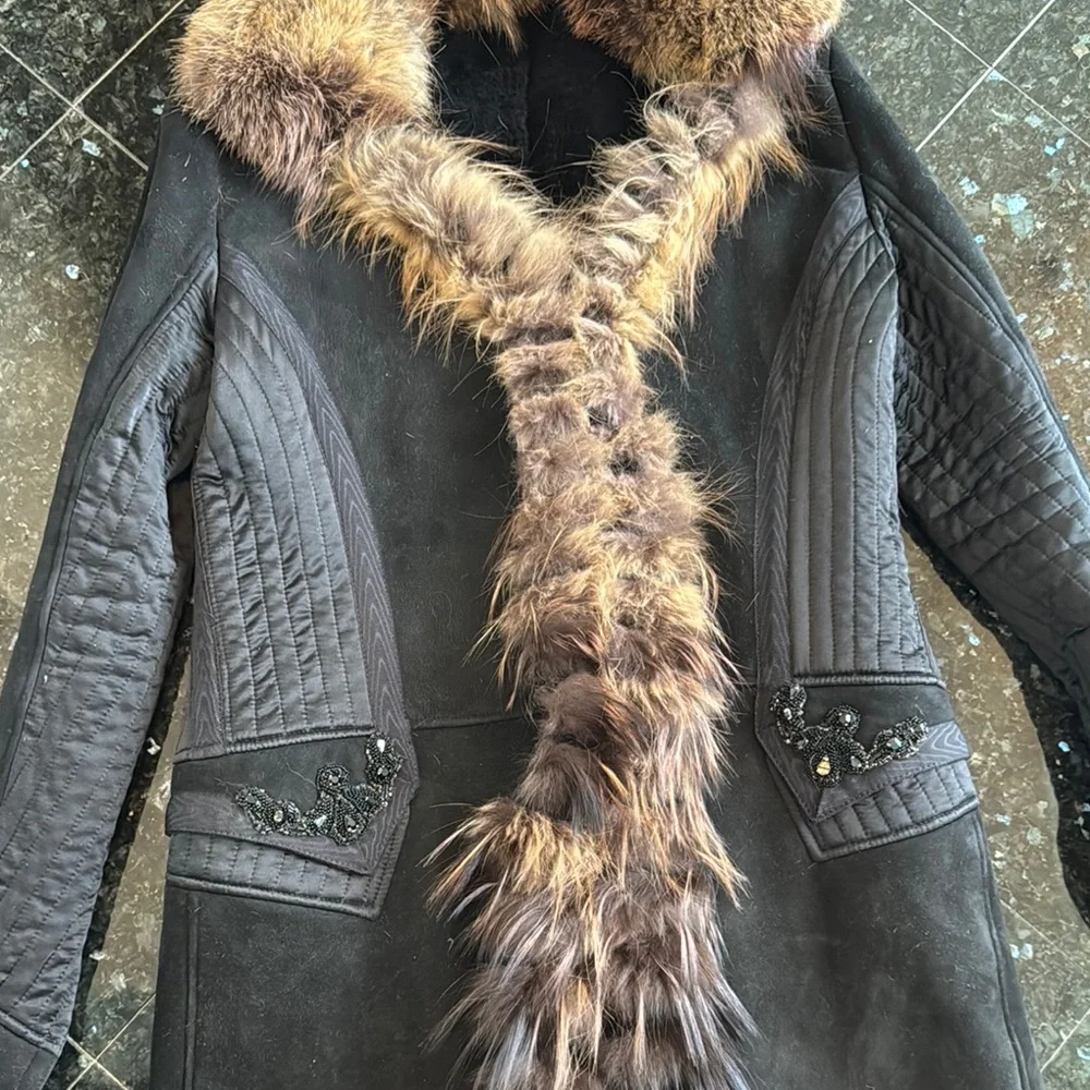 Roberto Cavalli Shearling Suede Black Fox Fur-Trimmed Women's Coat Size 48 - Picture 3 of 13